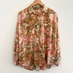 Sorrel Lines Tropical Pink & Tan Button Down Blouse Size M Lightweight Coastal